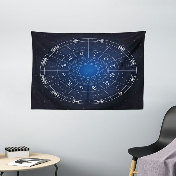 3' W x 5' L Dark Blue and White Zodiac Horoscope Chart in Wheel Shape with Dates in Space Dots Image Easy Clean Mats Carpet with Non-Slip Back Astrology Area Rugs Floor Mat 